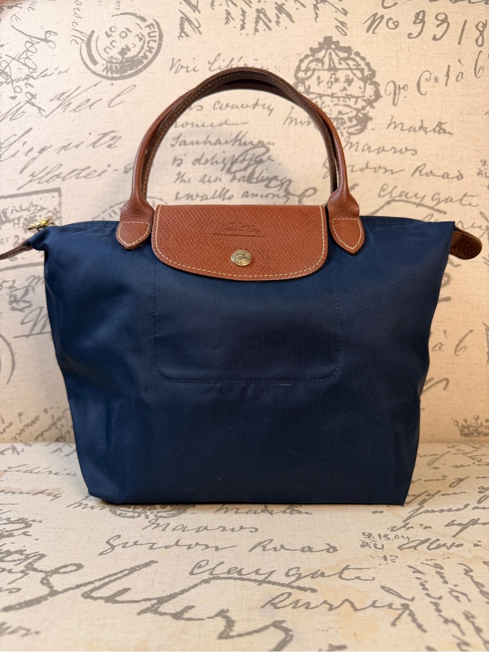 Longchamp Le Pliage Small Short Handle Nylon Tote Bag Navy Blue